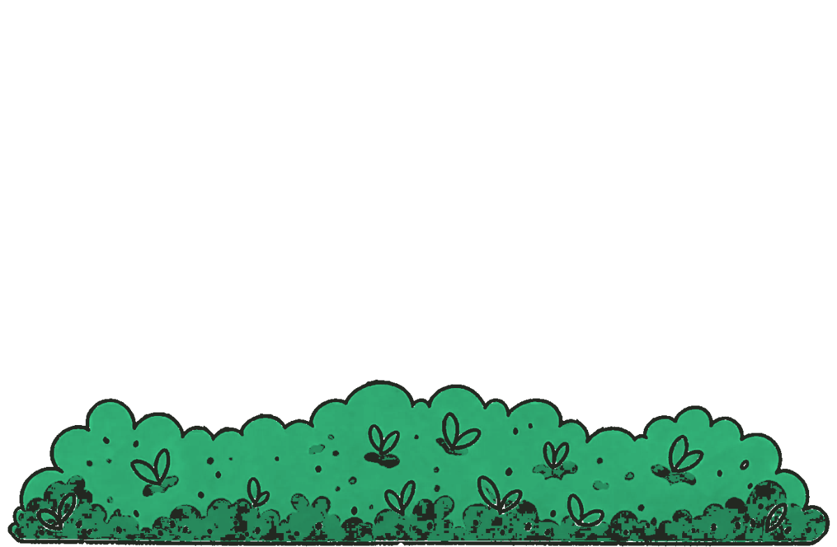 A giraffe wearing sunglasses standing tall above the bushes while a koala and a bunny stay hidden